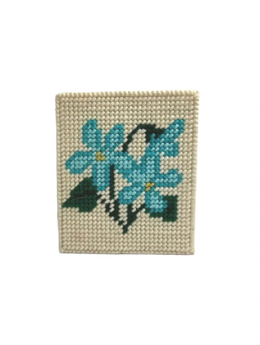 Vintage Handmade Needlepoint Tissue Box Cover with Blue Floral Design